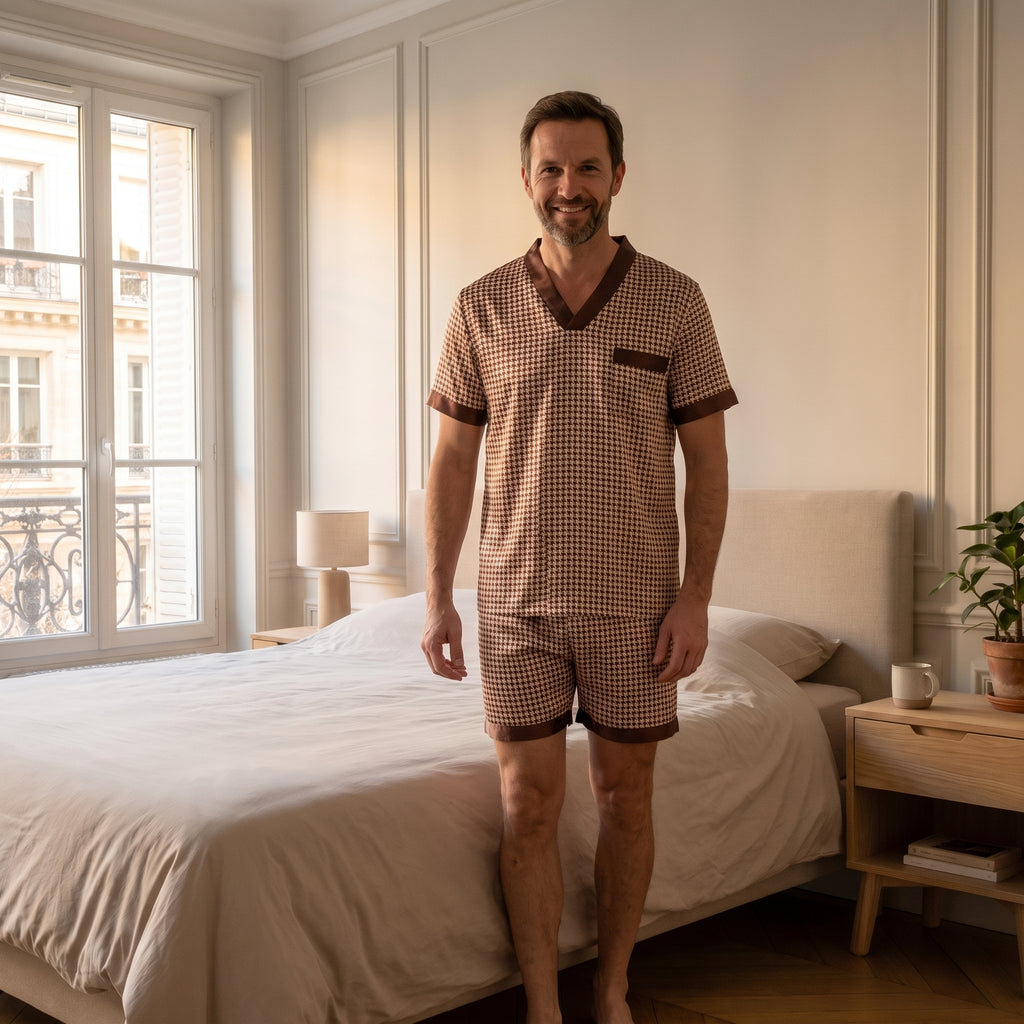 Homme portant le pyjama en satin pied-de-poule marron, haut et short, dans une chambre