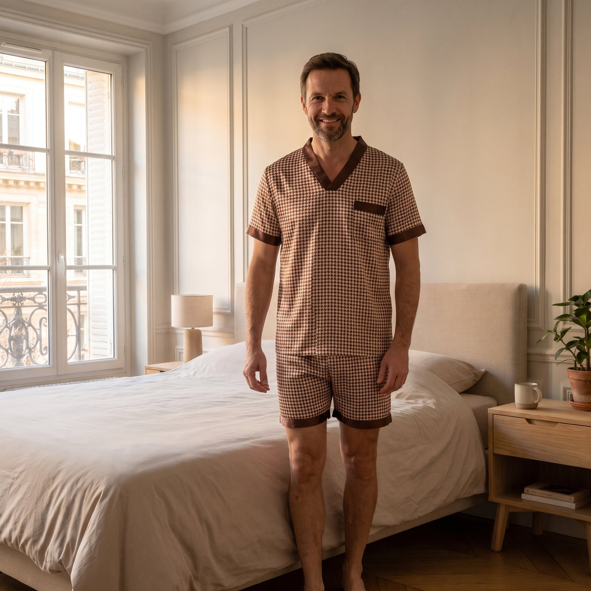 Homme portant le pyjama en satin pied-de-poule marron, haut et short, dans une chambre