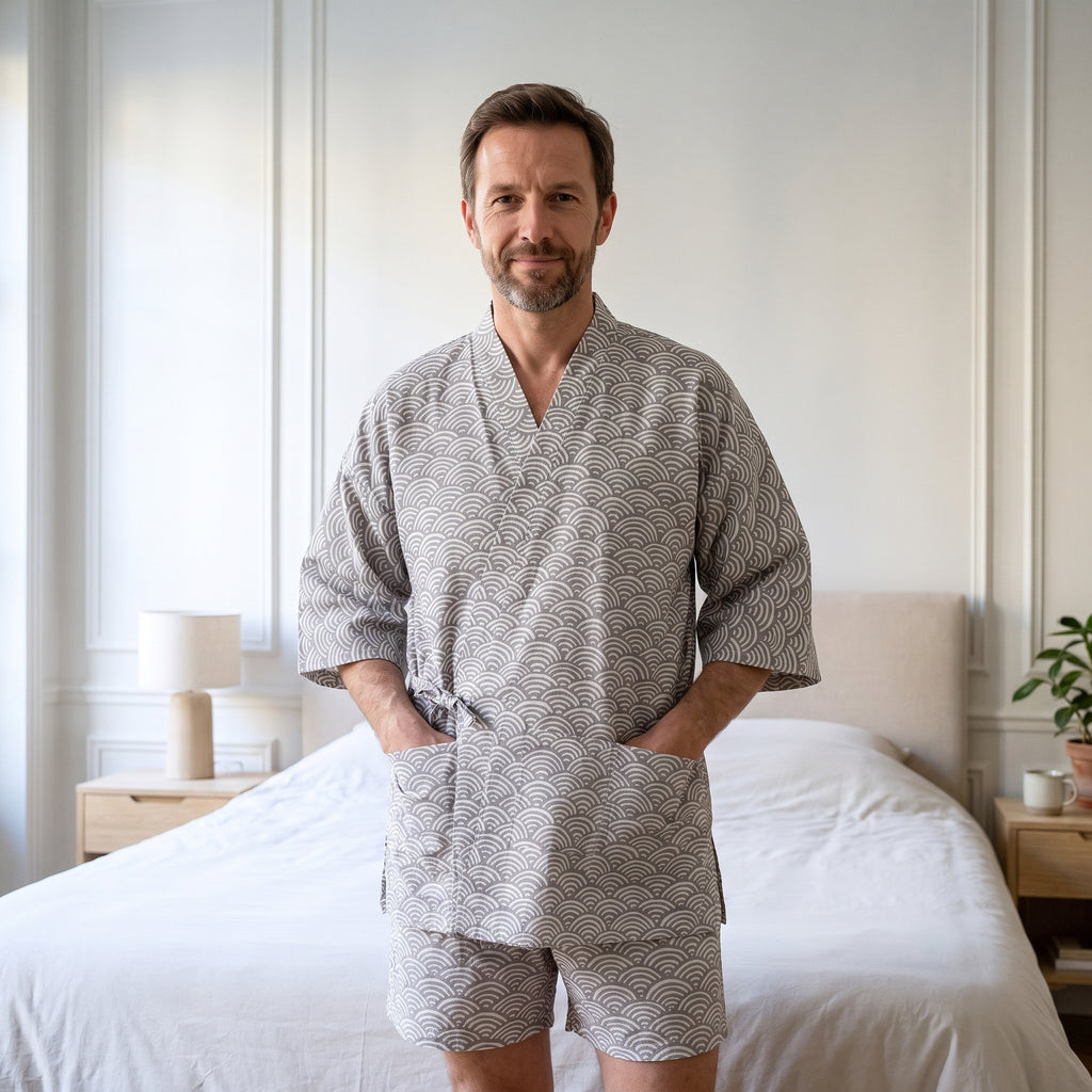 Pyjama kimono japonais homme gris porté dans une chambre