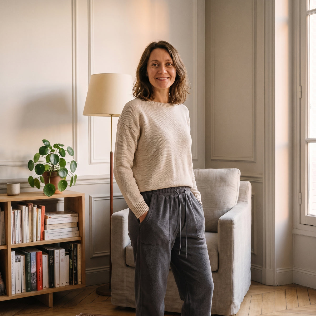 Femme portant un jogging thermique gris foncé dans un coin lecture