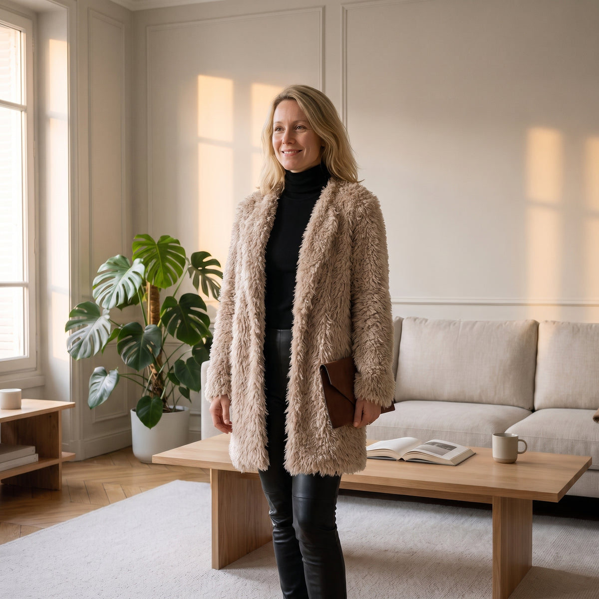 Manteau mi-long beige à poils porté de face dans un salon clair