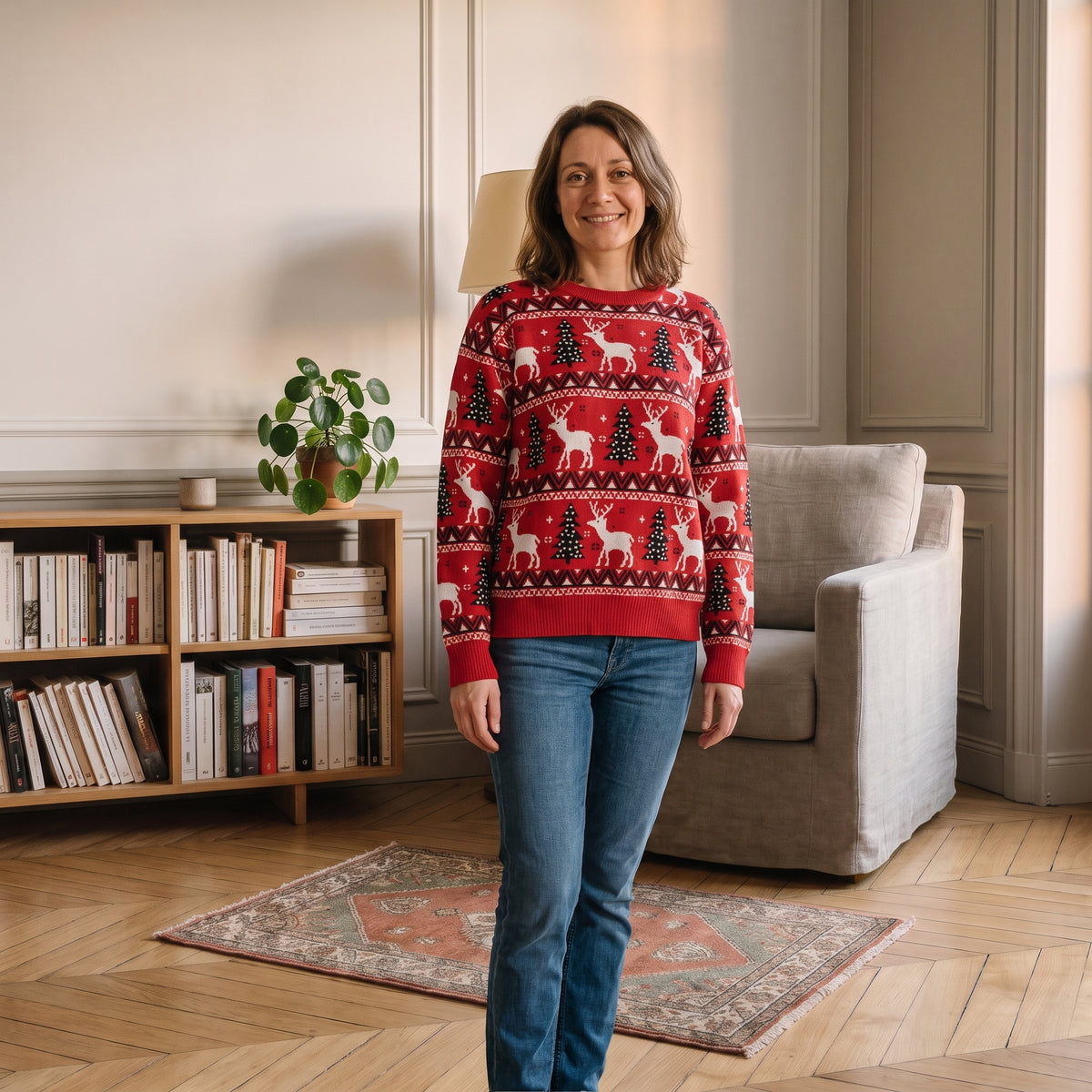 Femme portant le pull de Noël rouge à rennes et sapins dans un coin lecture