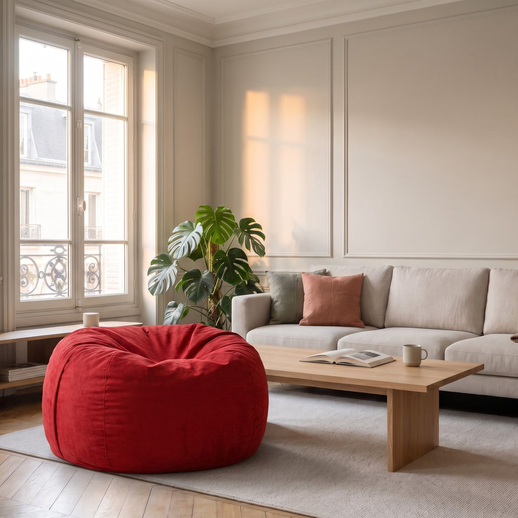 Pouf géant rouge en microfibre posé au sol devant le canapé du salon