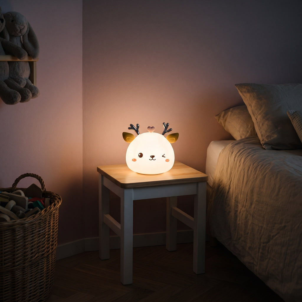Veilleuse cerf allumée en blanc chaud sur le tabouret de chevet d'une chambre d'enfant