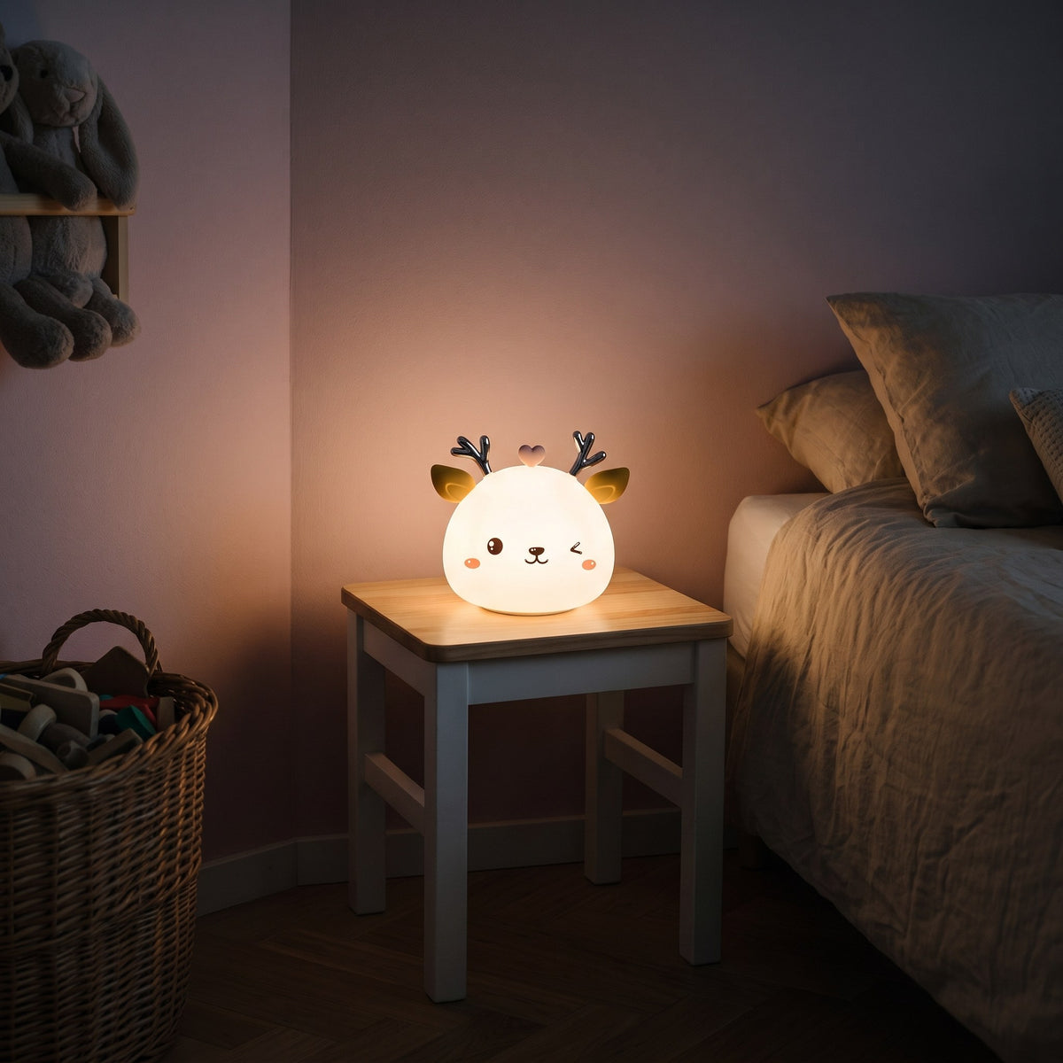 Veilleuse cerf allumée en blanc chaud sur le tabouret de chevet d'une chambre d'enfant