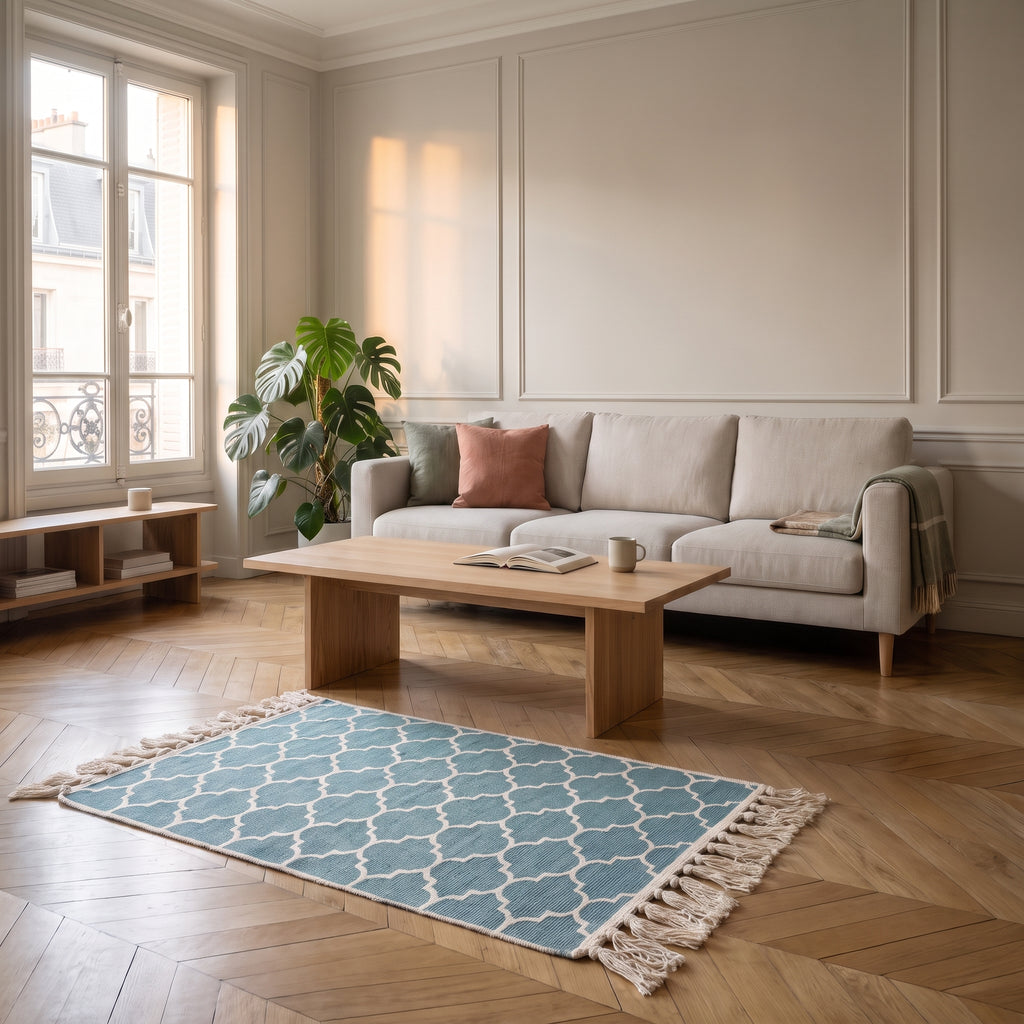 Tapis bohème vert foncé dans un salon lumineux