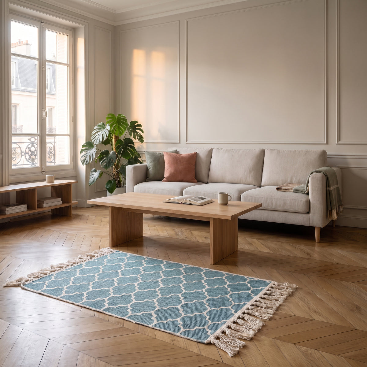 Tapis bohème vert foncé dans un salon lumineux