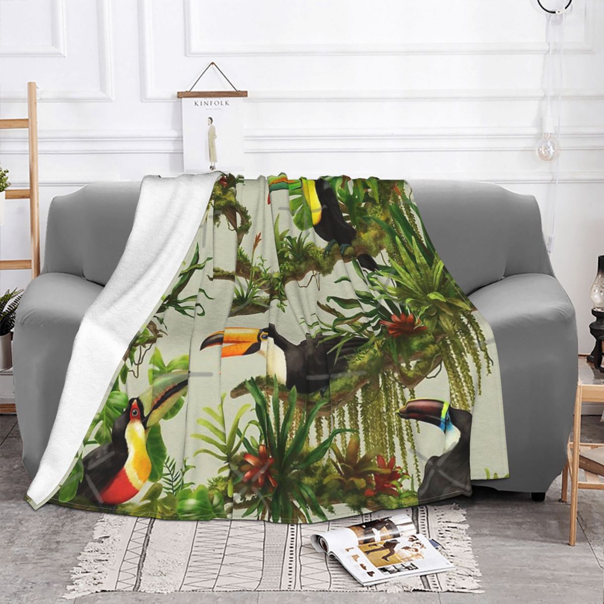 Plaid polaire toucans et jungle, l'imprimé sur toute la largeur
