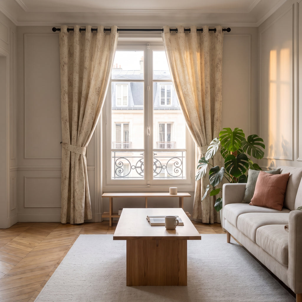 Rideau jacquard beige ouvert, retenu de chaque côté
