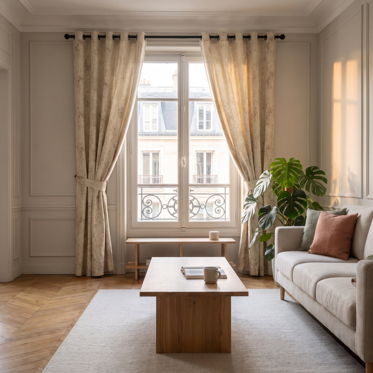 Rideau jacquard beige ouvert, retenu de chaque côté
