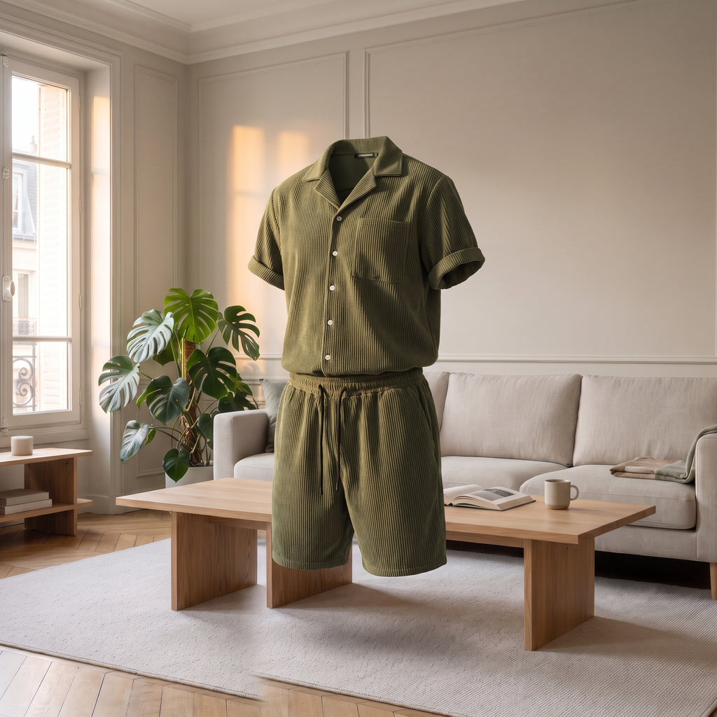 Ensemble velours côtelé vert, coupe sans corps
