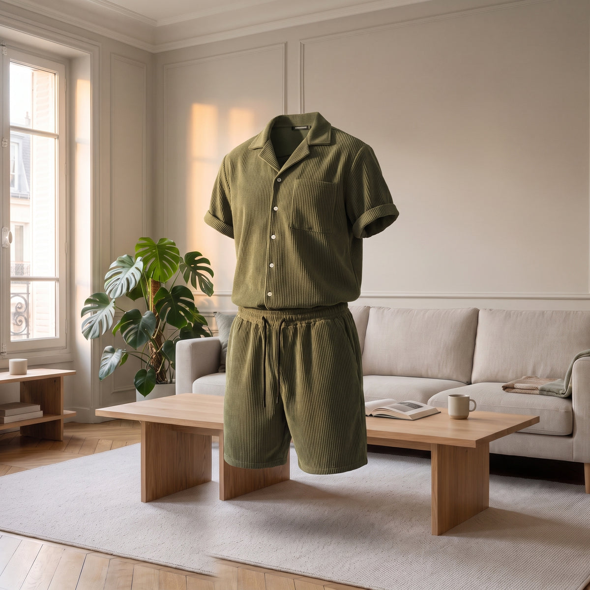 Ensemble velours côtelé vert, coupe sans corps