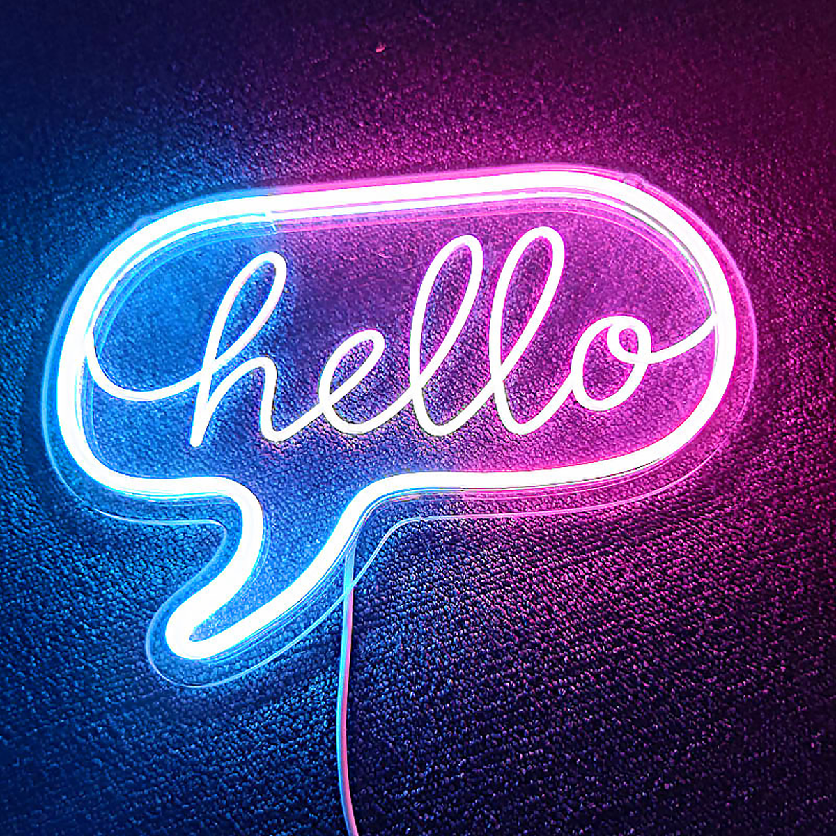 Enseigne lumineuse hello bleue et rose allumée