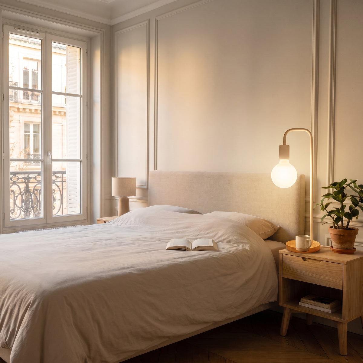 Lampe Edison blanche au globe dépoli, allumée sur une table de chevet en journée