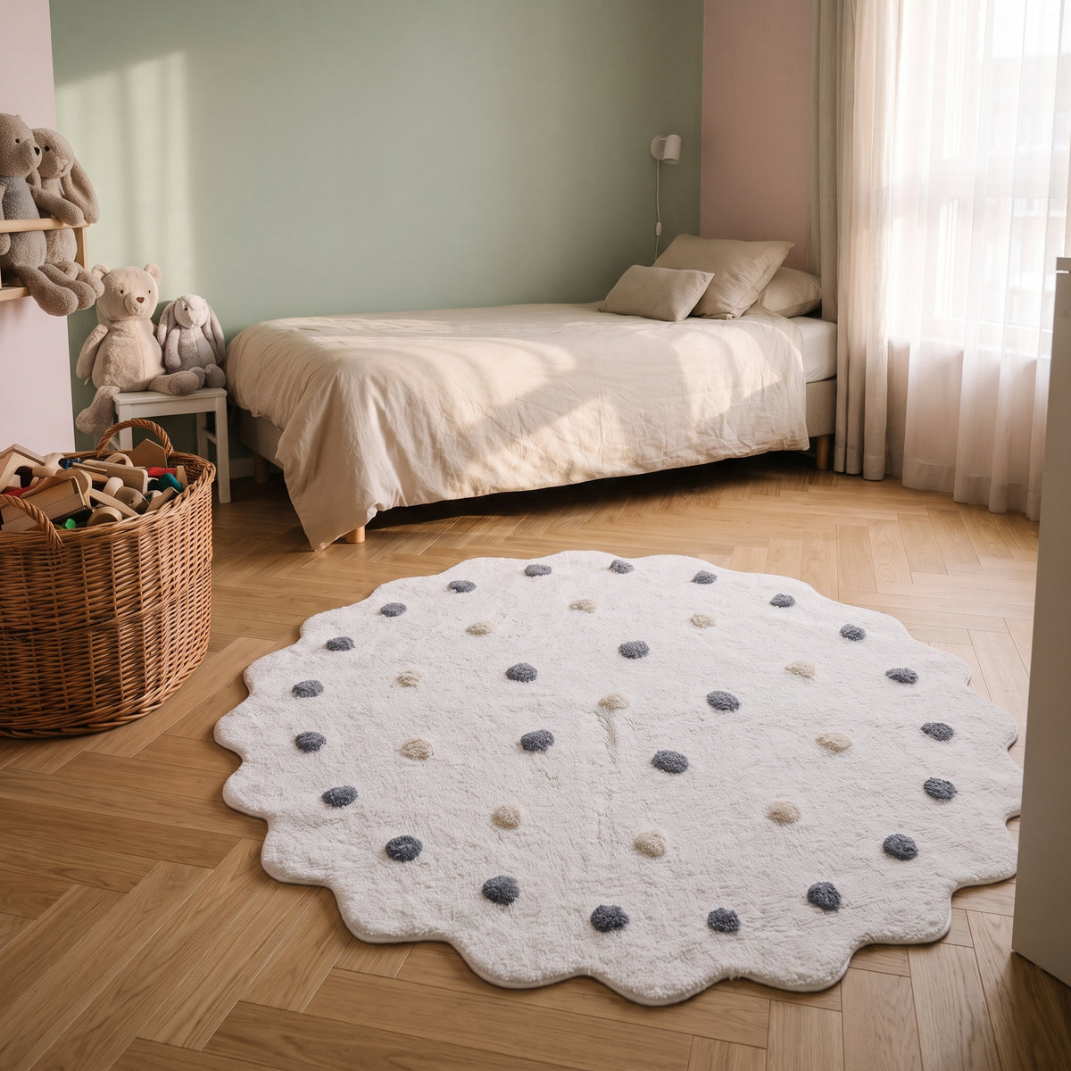 Tapis rond à pois blanc posé au sol dans une chambre d'enfant