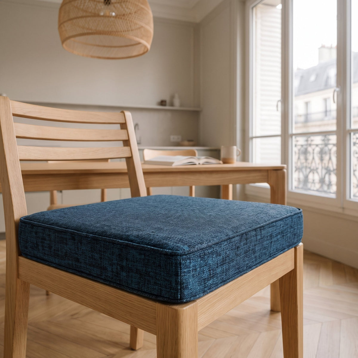 Coussin de sol bleu posé sur l'assise d'une chaise en bois clair
