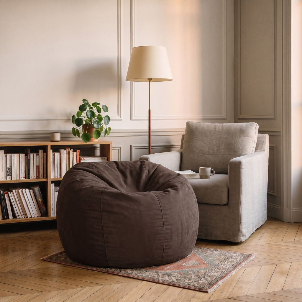 Pouf géant chocolat en microfibre posé dans un coin lecture, à côté d'un fauteuil