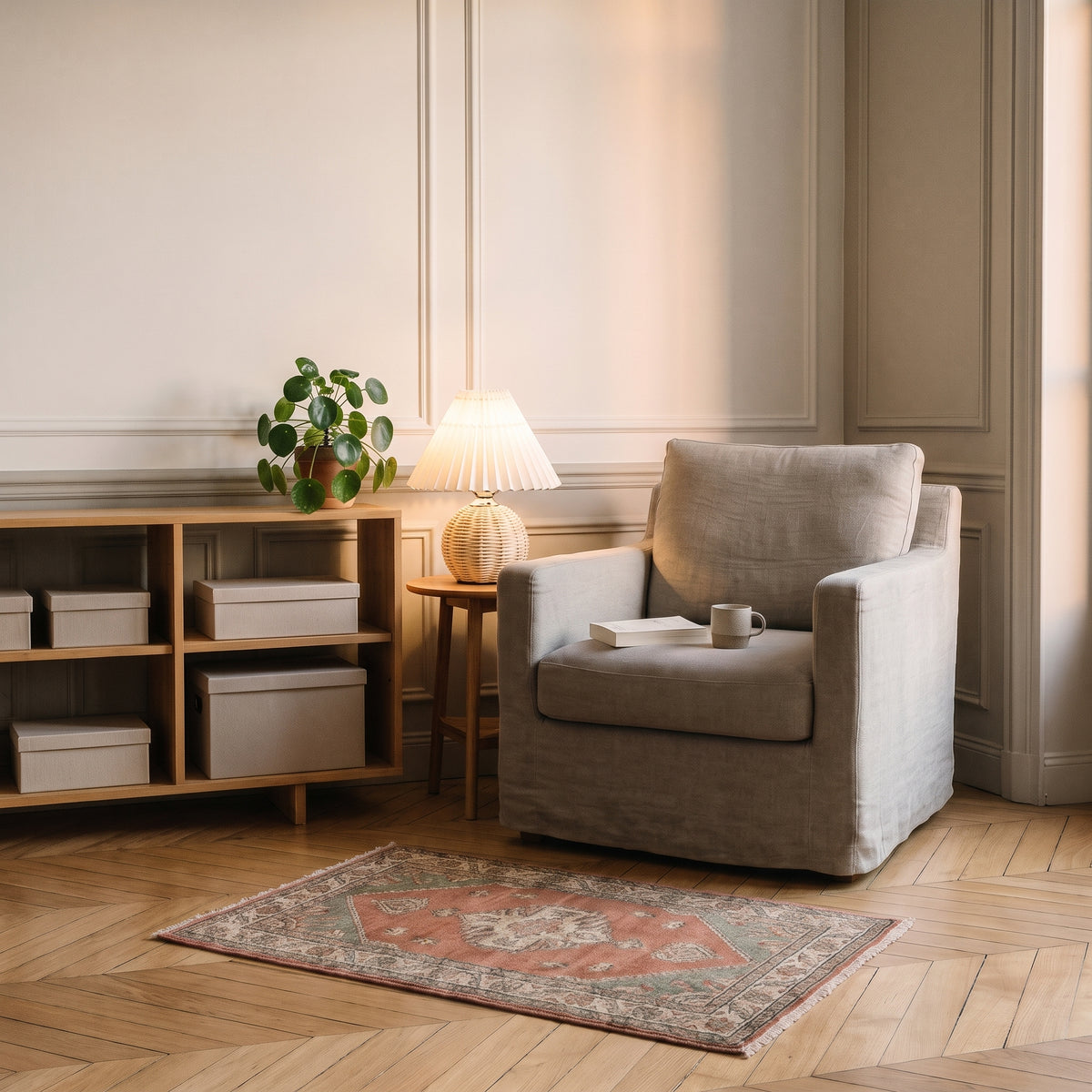 Lampe en rotin posée près d'un fauteuil dans un coin lecture