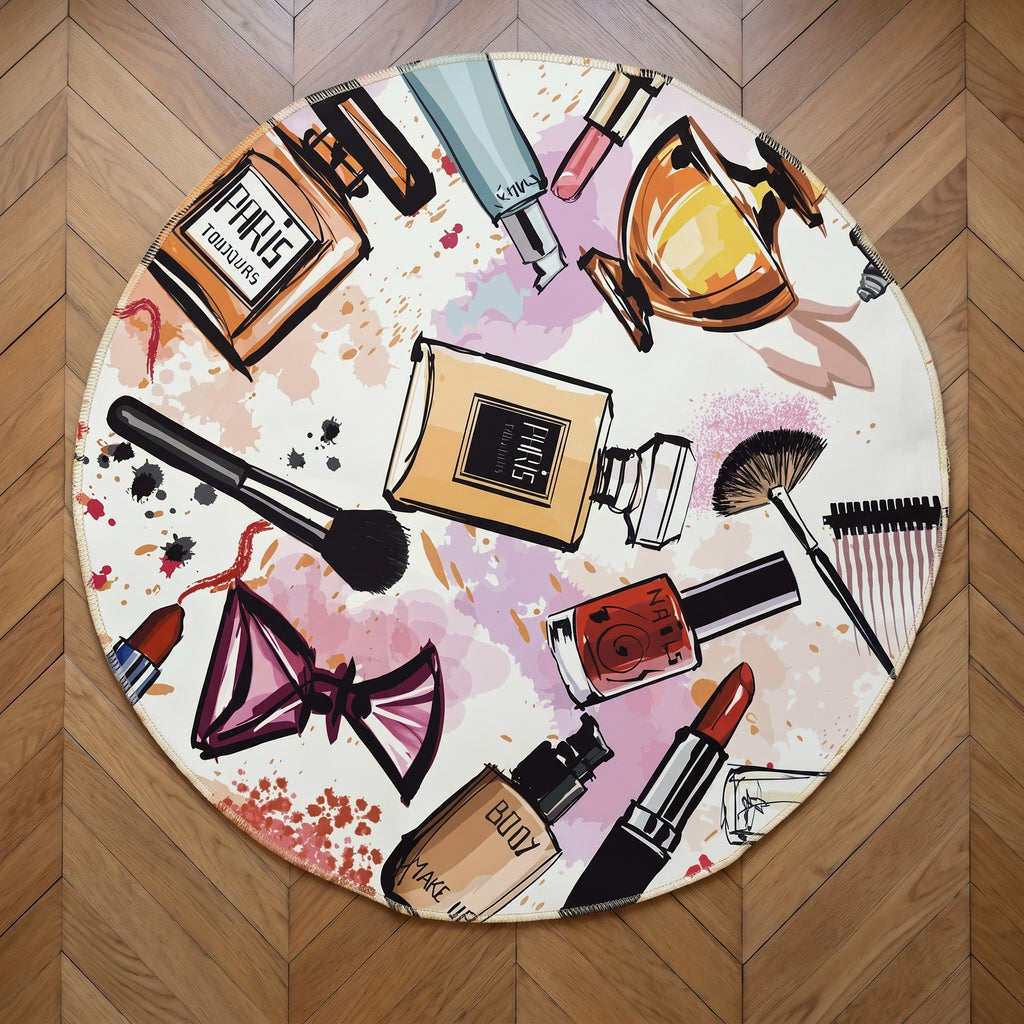 Le tapis rond vu du dessus, le dessin de flacons et de pinceaux se lit d'un bord à l'autre