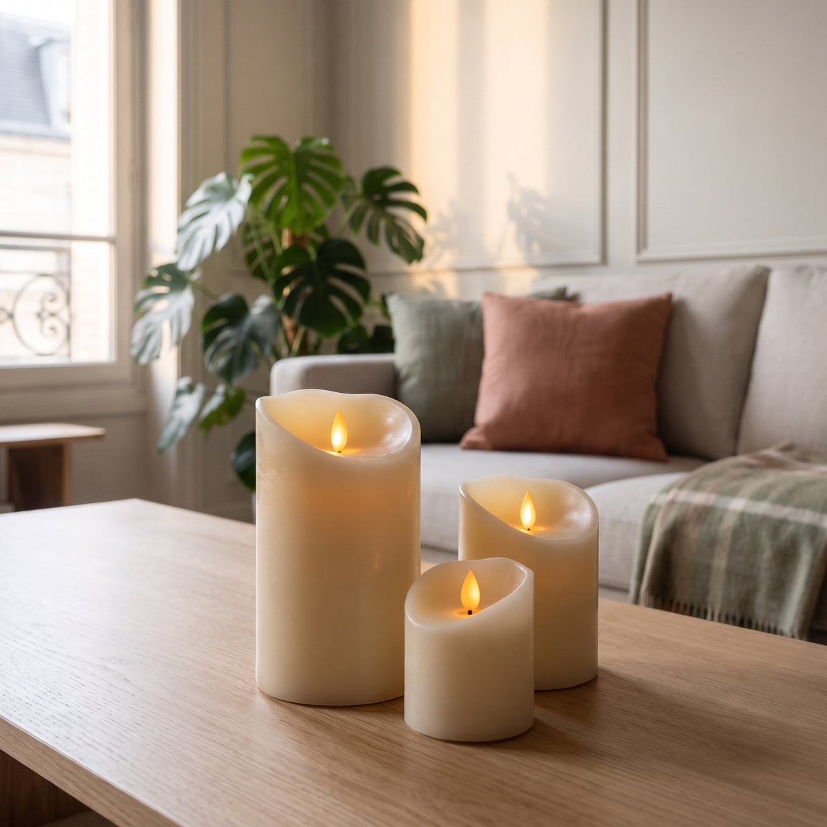 Détail du bord fondu en biais et de la flamme LED ambrée d'une bougie
