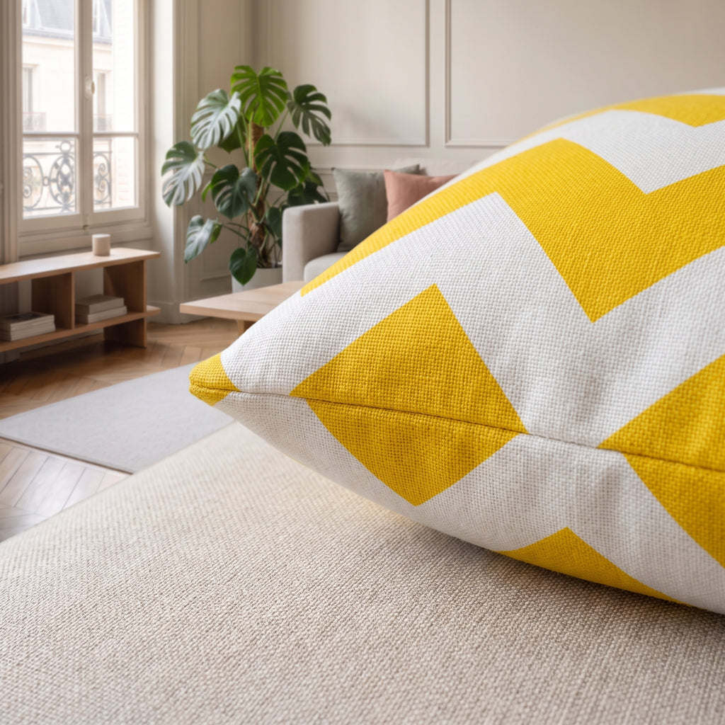 Gros plan sur l'angle d'une housse de coussin jaune à chevrons, trame du tissu et couture de bord
