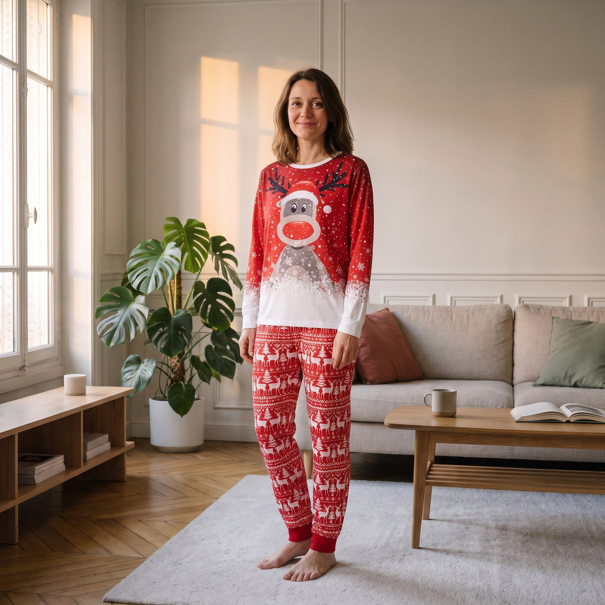 Pyjama de Noël rouge à renne porté par une femme, modèle femme