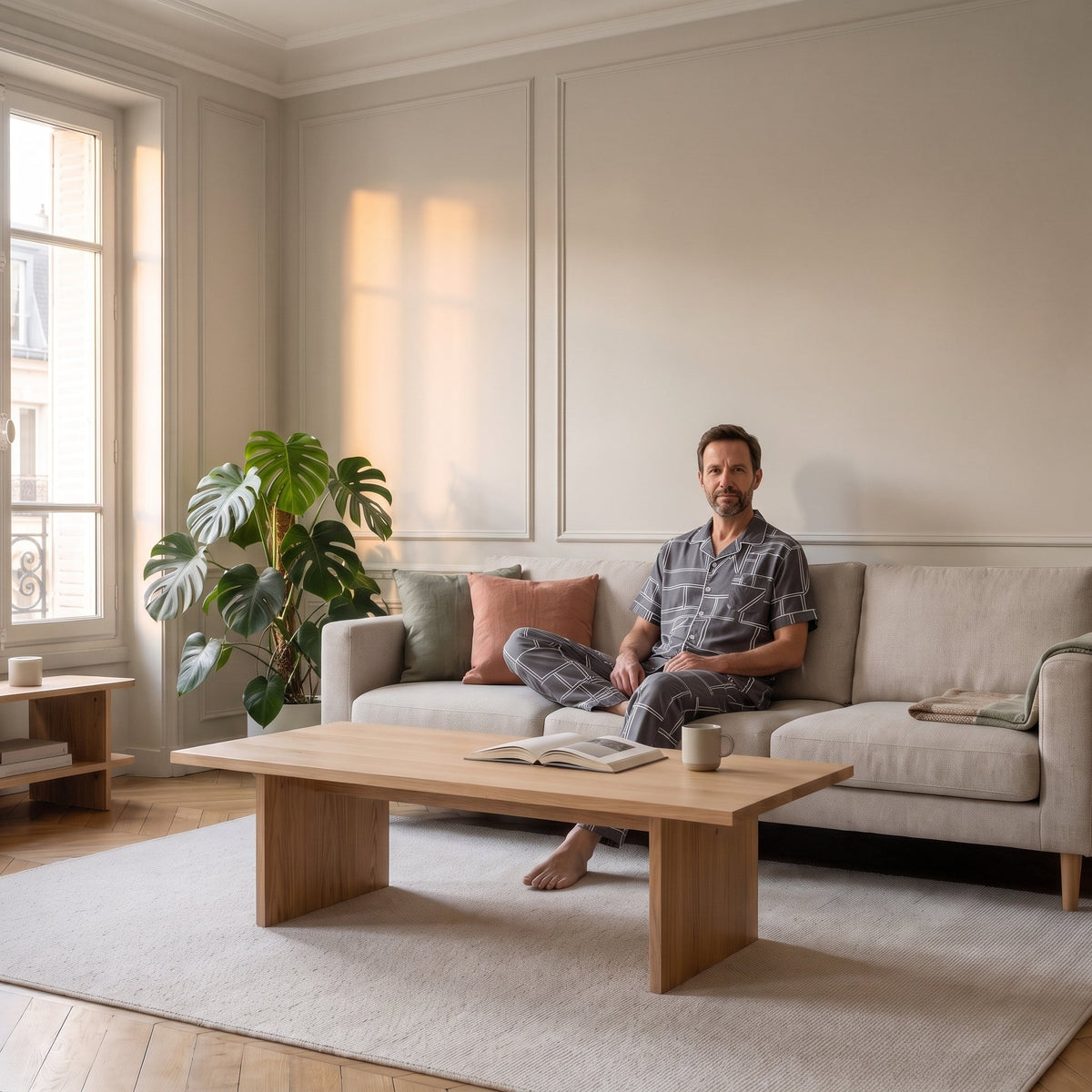 Homme assis portant le pyjama graphique gris à manches courtes et pantalon long