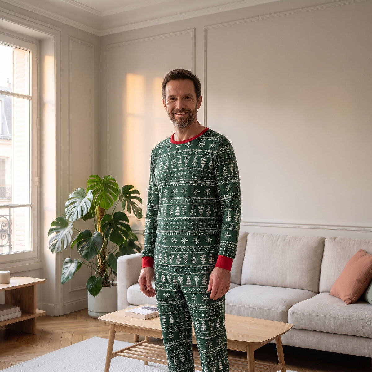 Homme portant le pyjama de Noël vert à flocons dans un salon