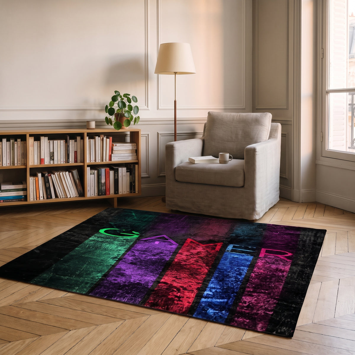Tapis gaming multicolore à motif de joueur dans un coin lecture