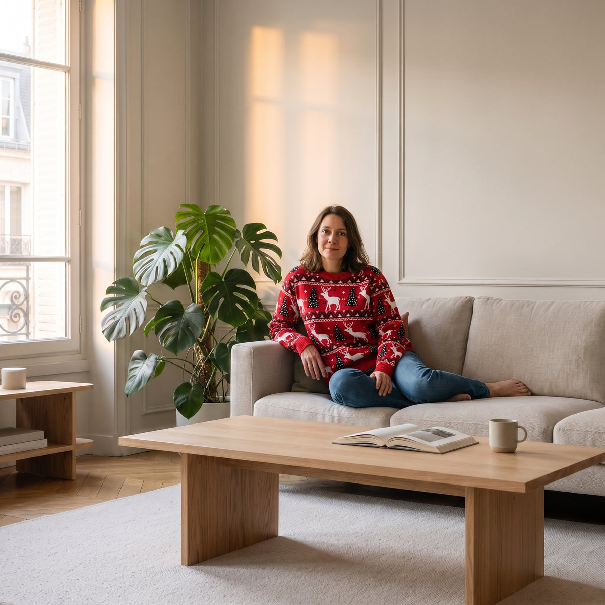 Pull de Noël rouge porté sur un canapé dans le salon