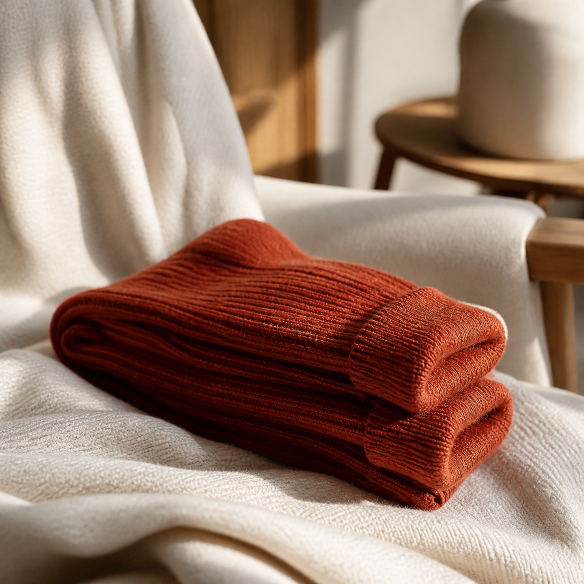 Deux paires de chaussettes orange en maille côtelée pliées sur un fauteuil