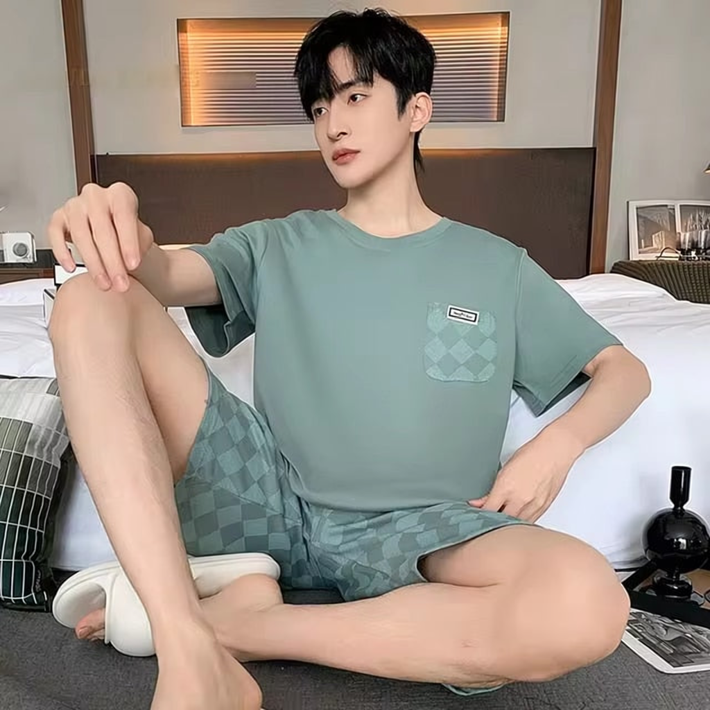 Pyjashort homme vert et beige à motifs nature, modèle Vert d'eau à feuillage
