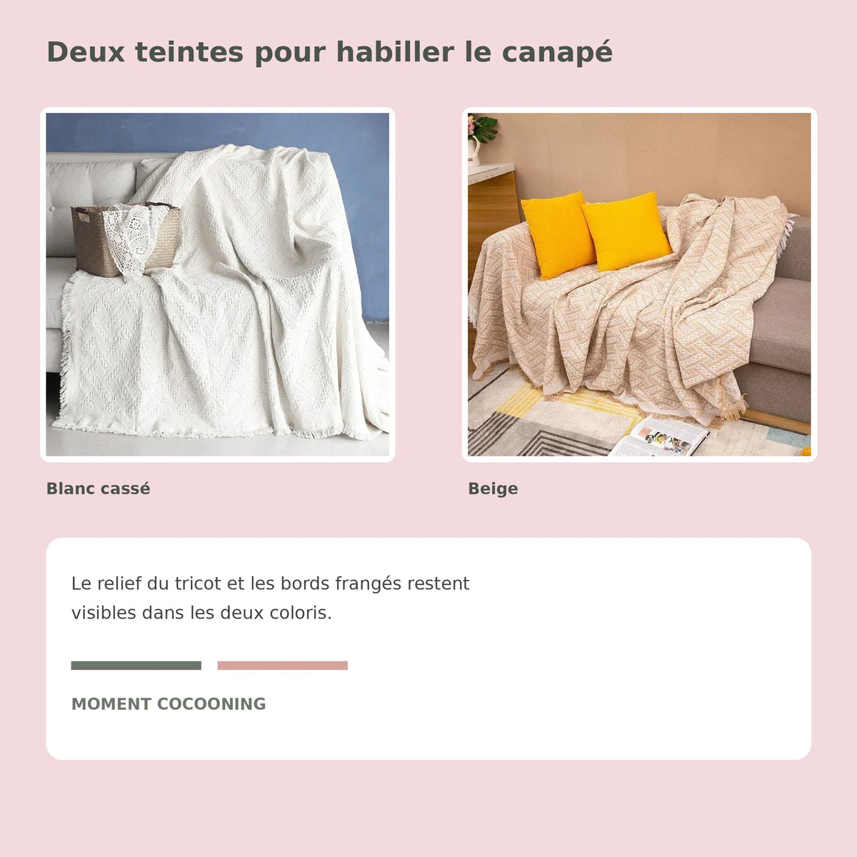 Plaid tricoté à franges en blanc cassé et beige, carte Moment Cocooning