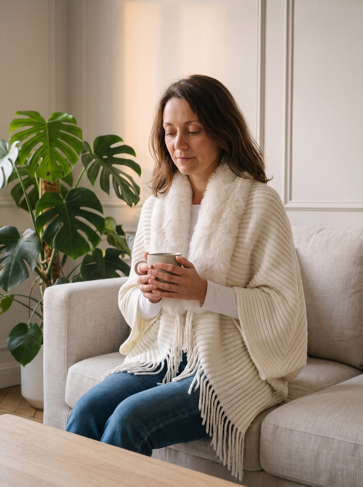 Femme du casting assise avec le poncho blanc et une tasse