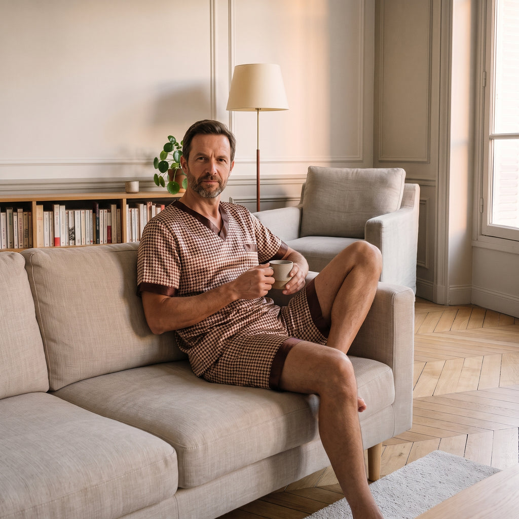 Homme en pyjama de satin pied-de-poule assis sur le canapé du coin lecture, une tasse à la main