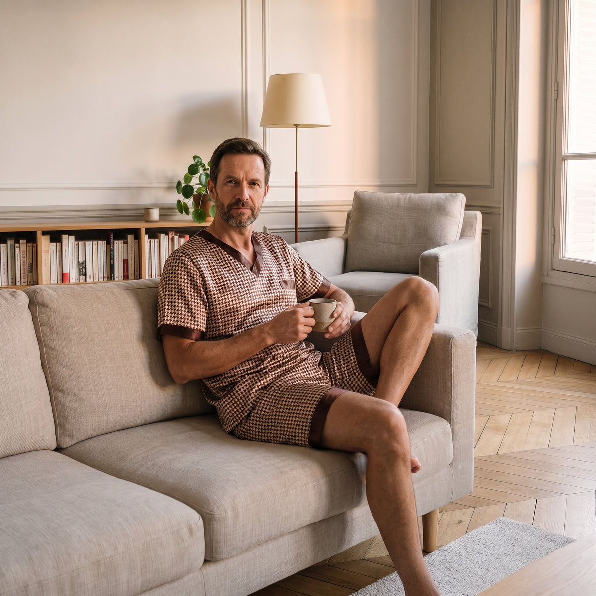 Homme en pyjama de satin pied-de-poule assis sur le canapé du coin lecture, une tasse à la main