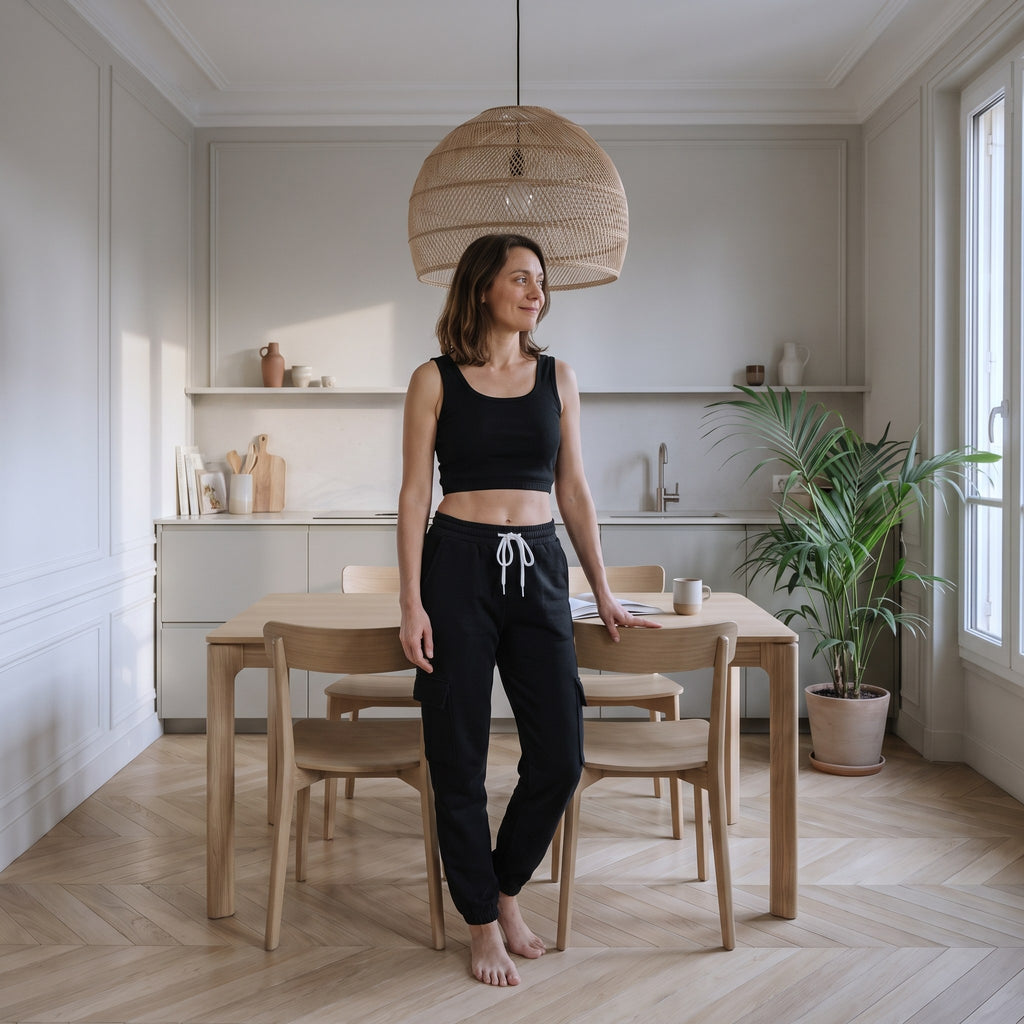 Ensemble d'intérieur femme noir, débardeur court et pantalon de jogging, porté dans un coin repas