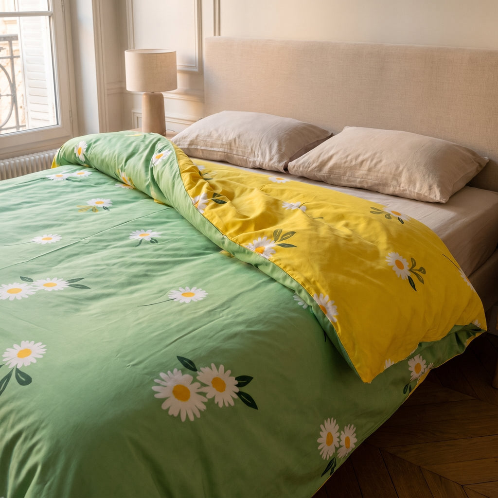 Housse de couette verte rabattue sur le lit, la face jaune apparaît le long du pli