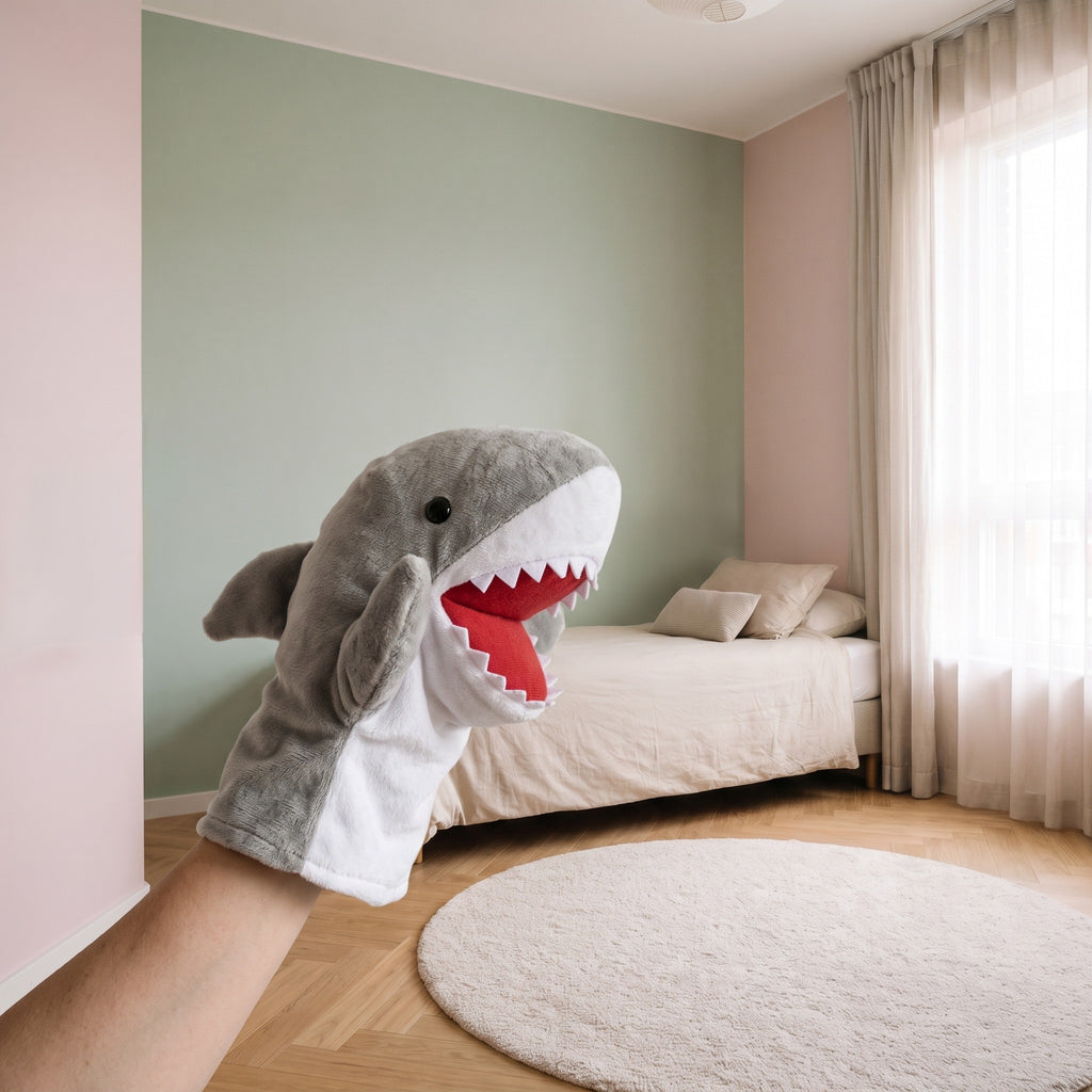 Marionnette à main requin animée dans une chambre d’enfant