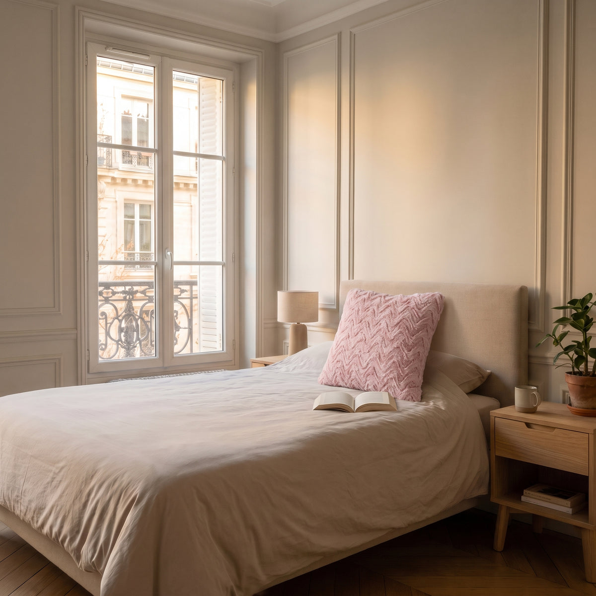 Coussin en coton rose poudré posé contre les oreillers d'un lit