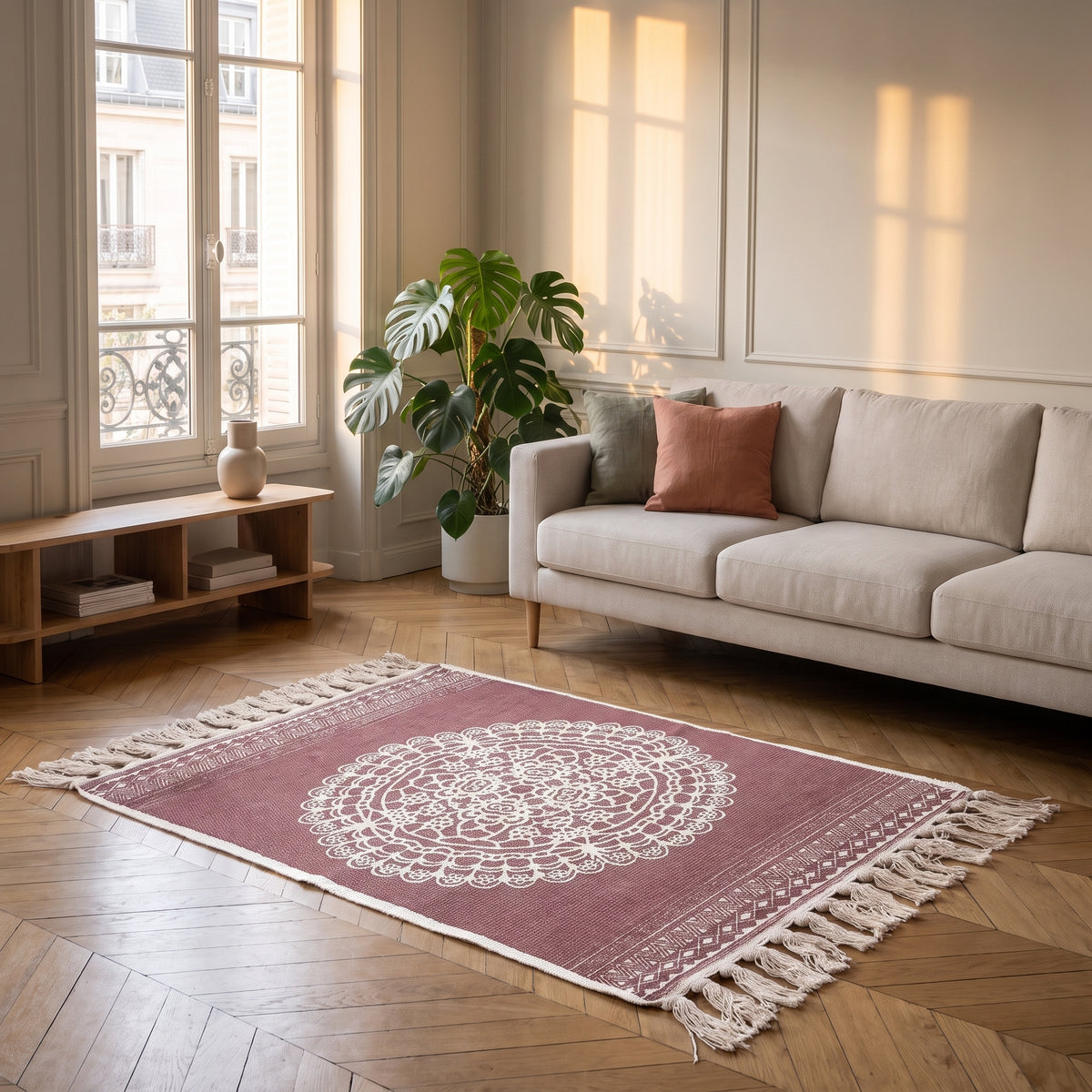 Tapis bohème rose dans un coin lecture