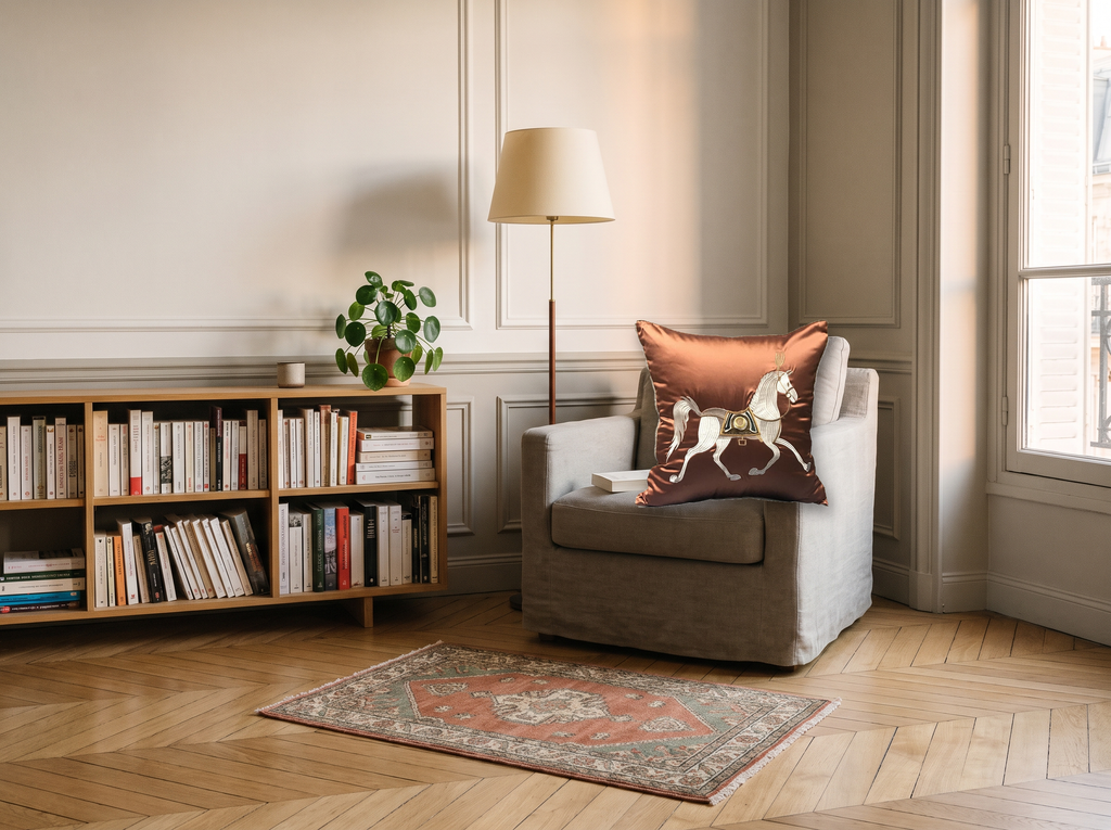 Coussin rouge au cheval blanc dans un fauteuil de lecture