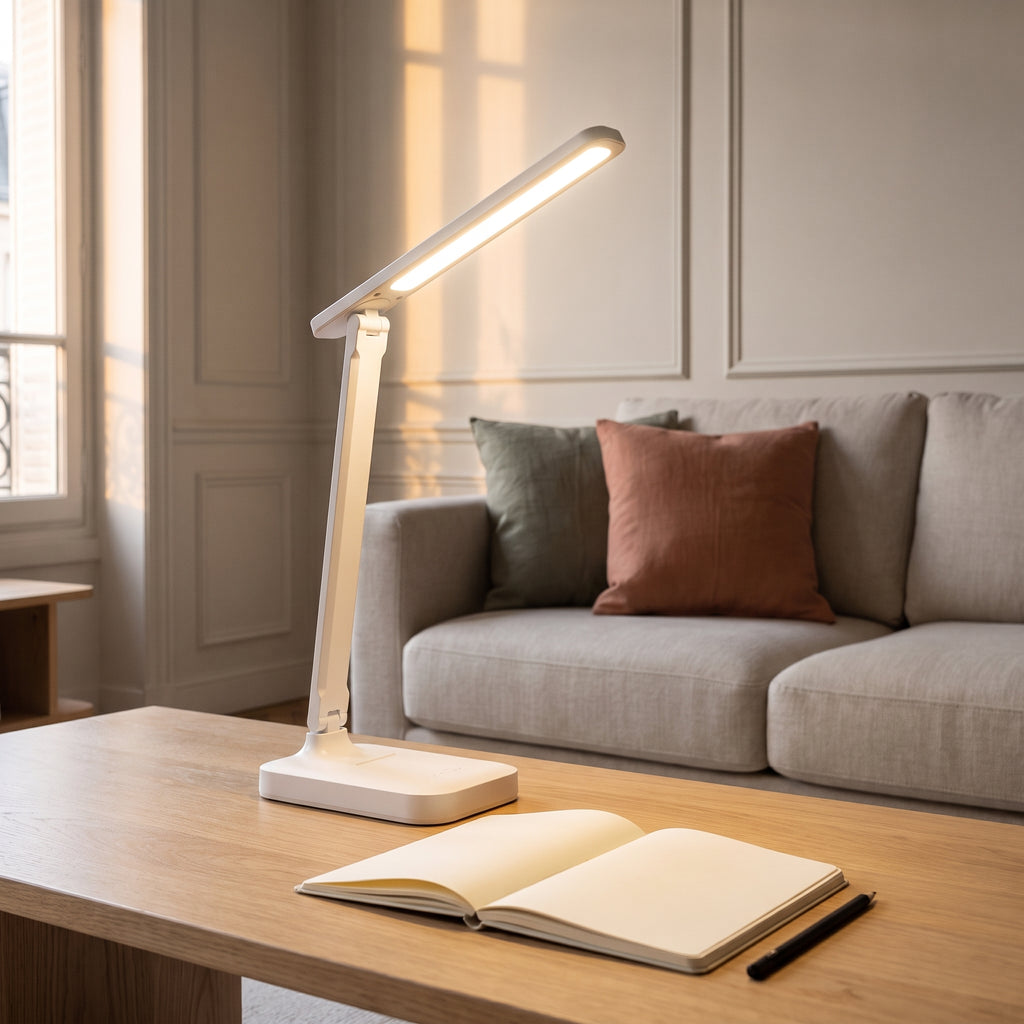Lampe de bureau LED blanche allumée près d’un carnet ouvert dans un salon lumineux