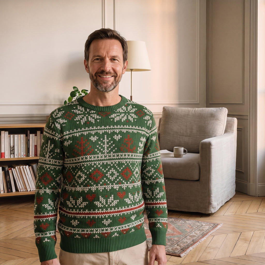Pull de Noël homme vert à frises nordiques porté debout dans un coin lecture