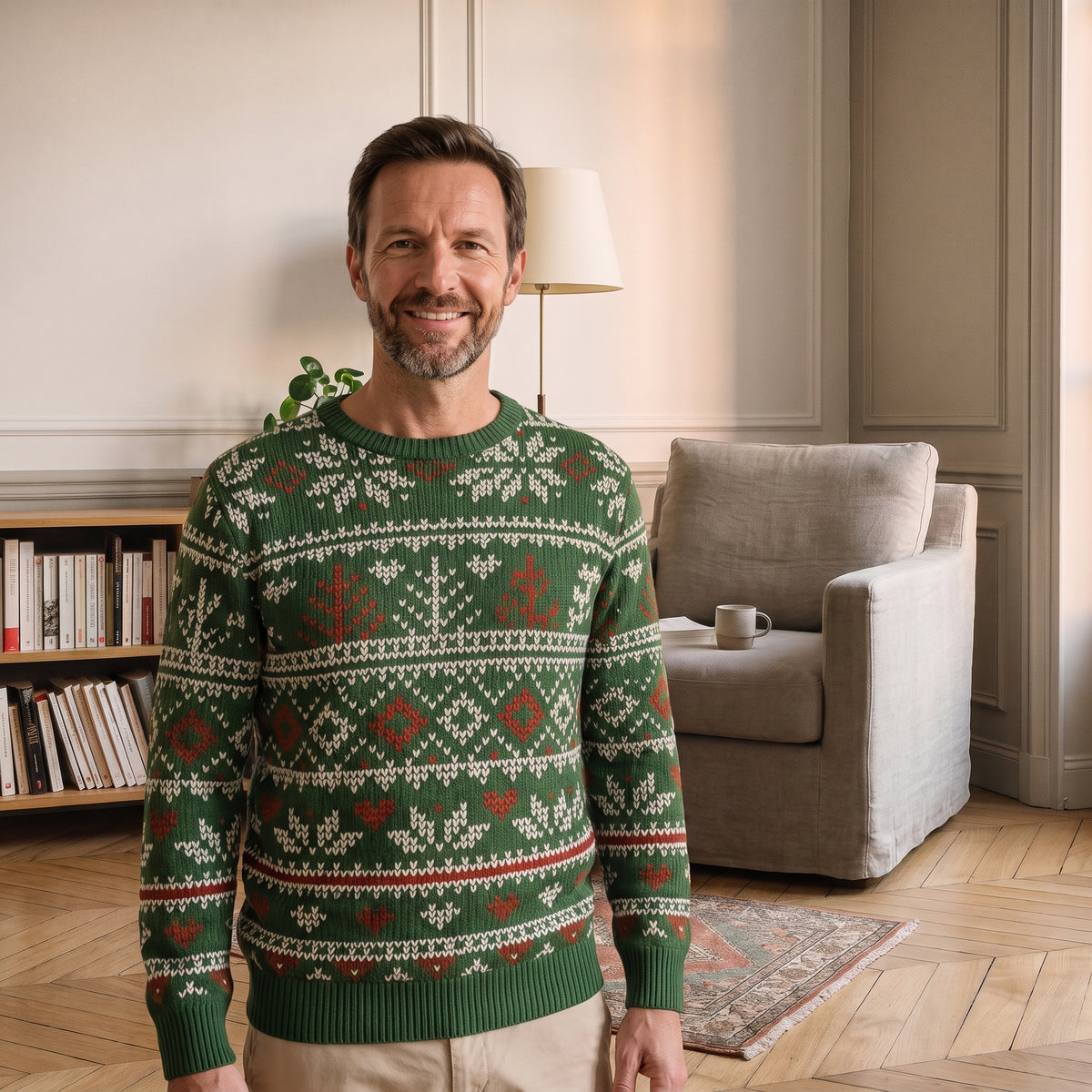 Pull de Noël homme vert à frises nordiques porté debout dans un coin lecture