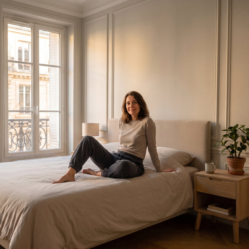Femme en jogging gris foncé assise dans une chambre lumineuse