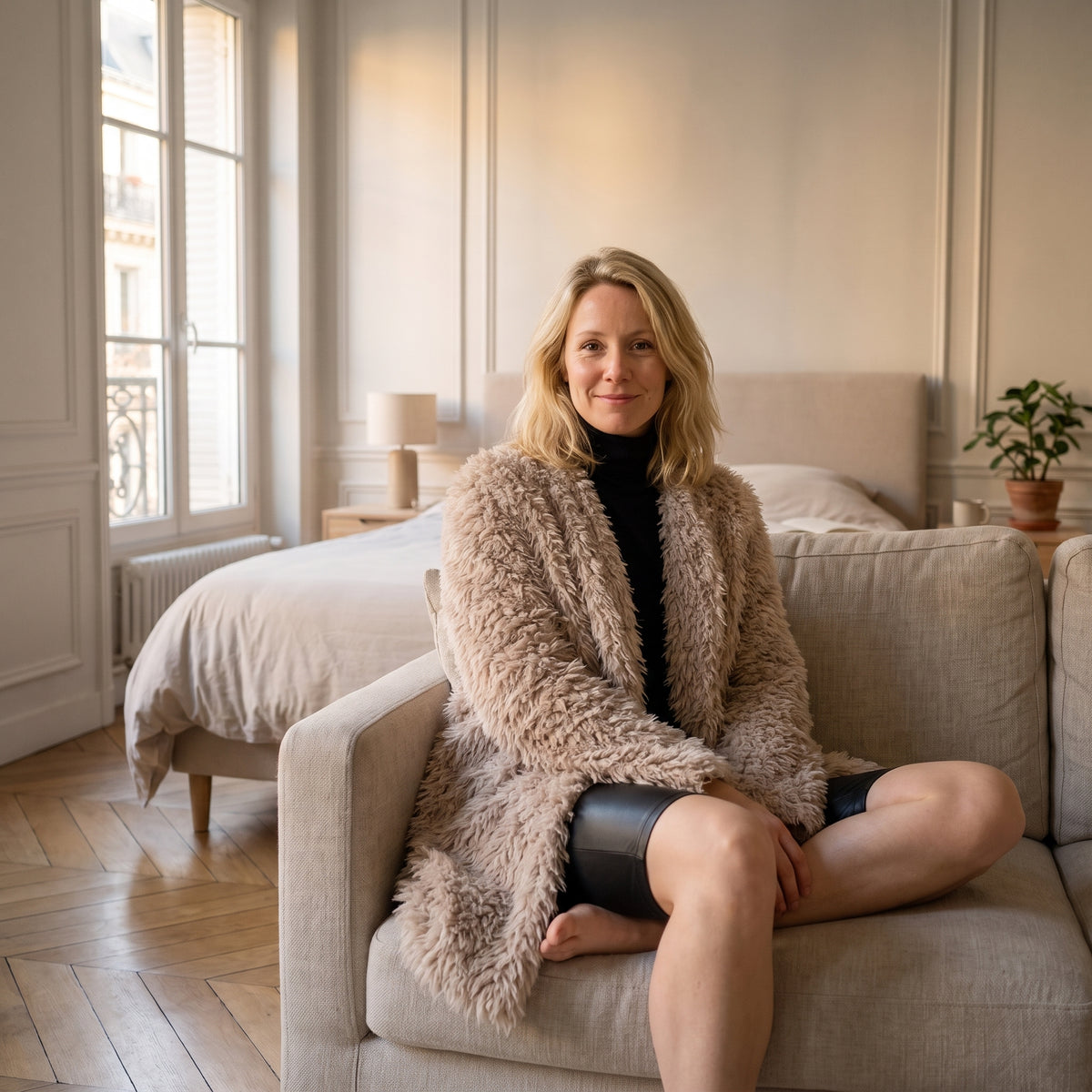Manteau mi-long beige à poils porté assis dans une chambre claire