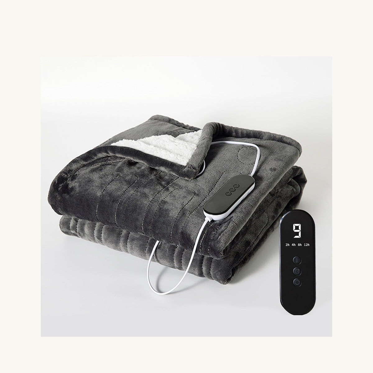 Plaid chauffant gris avec contrôleur fournisseur, dimensions 80 x 150 cm