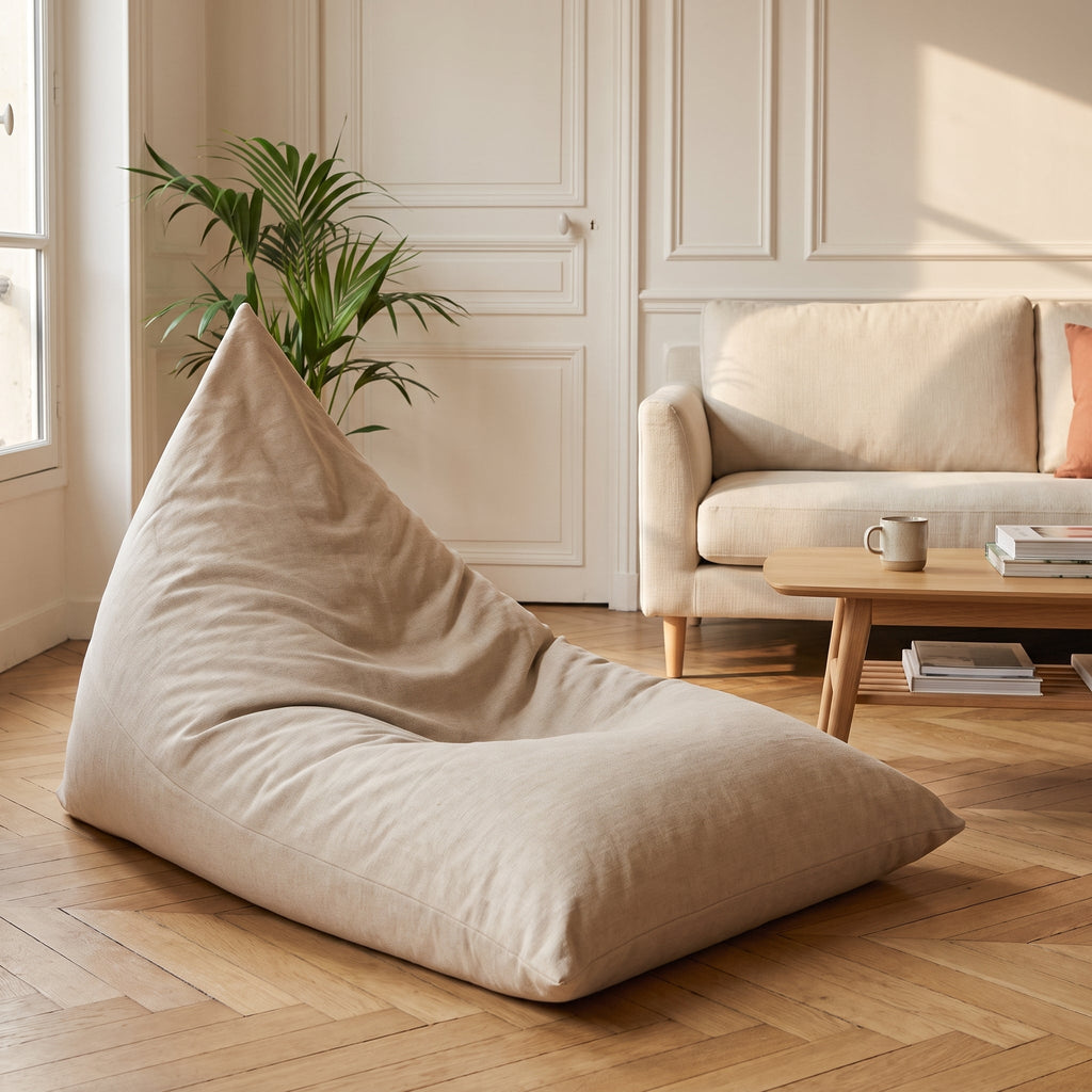Pouf de sol beige adossé à un mur