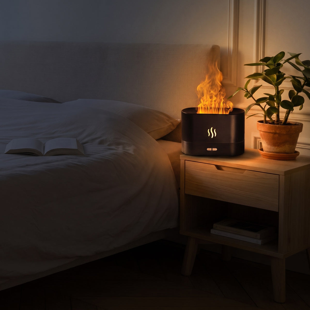 Diffuseur noir éclairant une chambre le soir